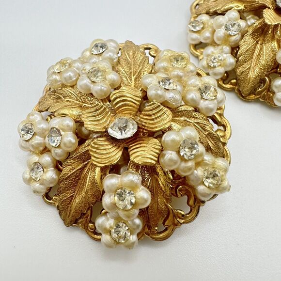 Leru Vintage Crystal Clip On Earrings Cluster Pearl Gold Chunky Signed 1950s - Picture 11 of 11